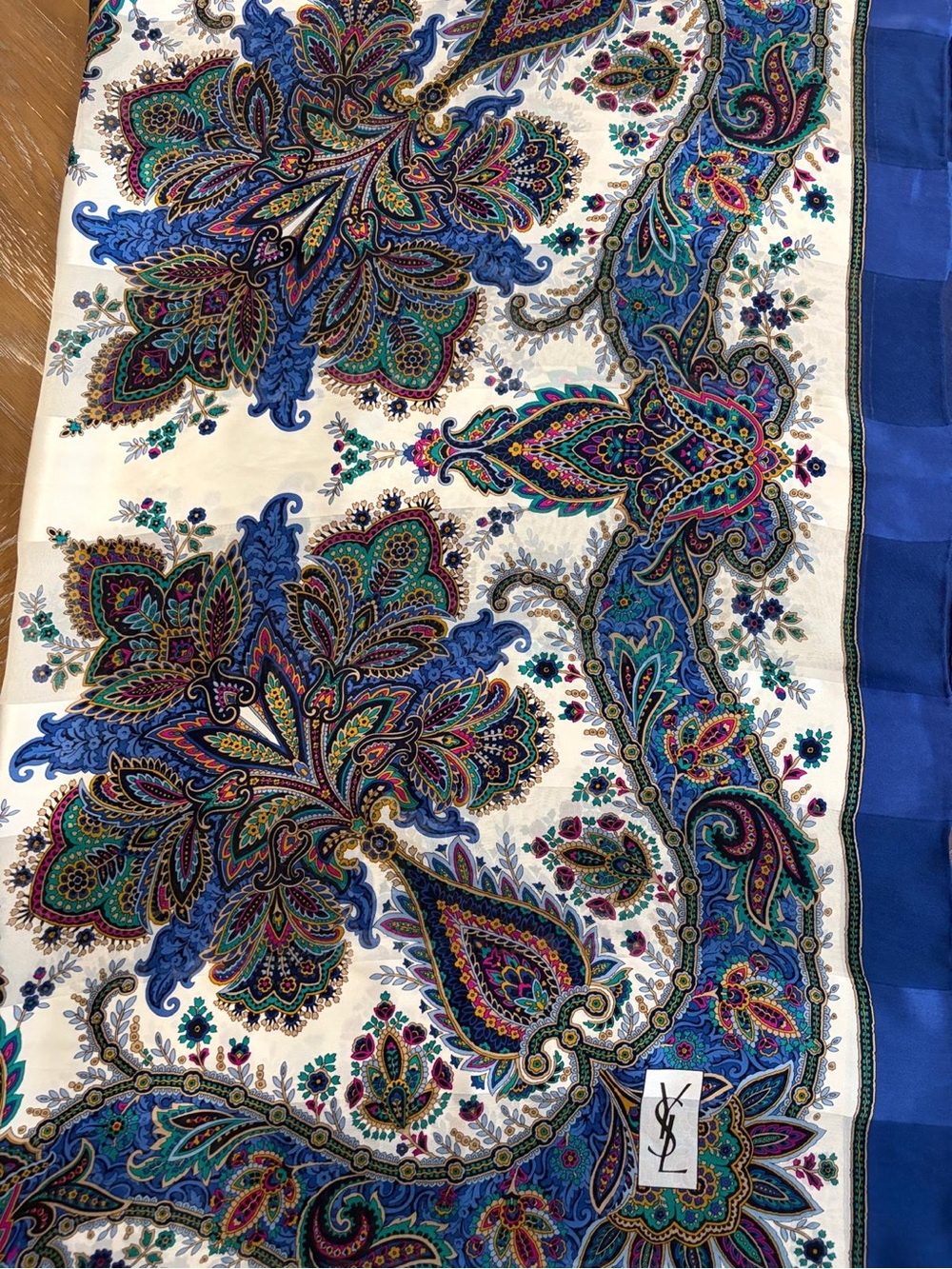 YSL Silk Scarf Blue White Paisley Logo 41 Inch Hand Rolled - Picture 8 of 11